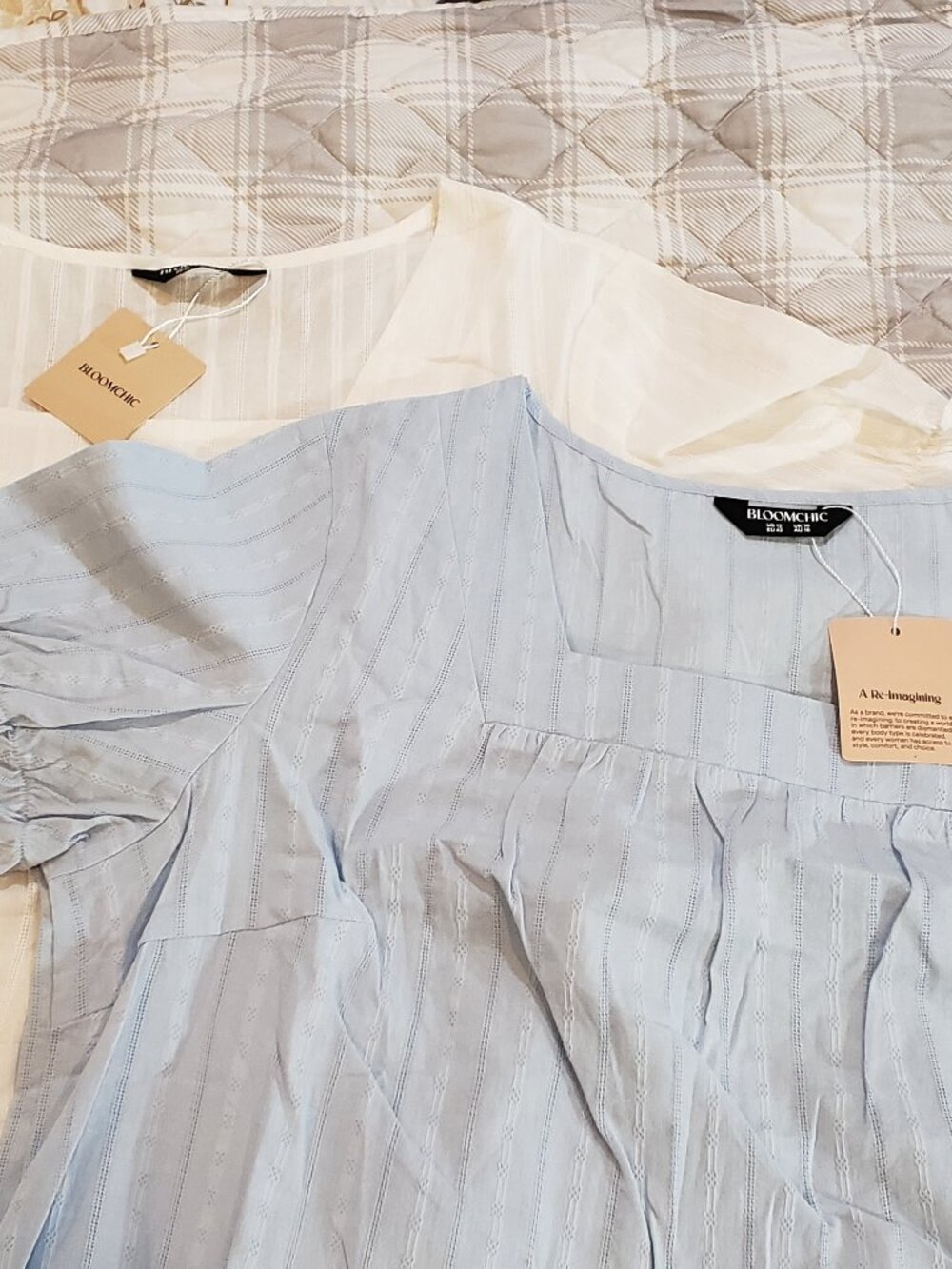 2 Bloomchic blue/ white 100% cotton square neck ruffled sleeve tops Size 12 NWT
